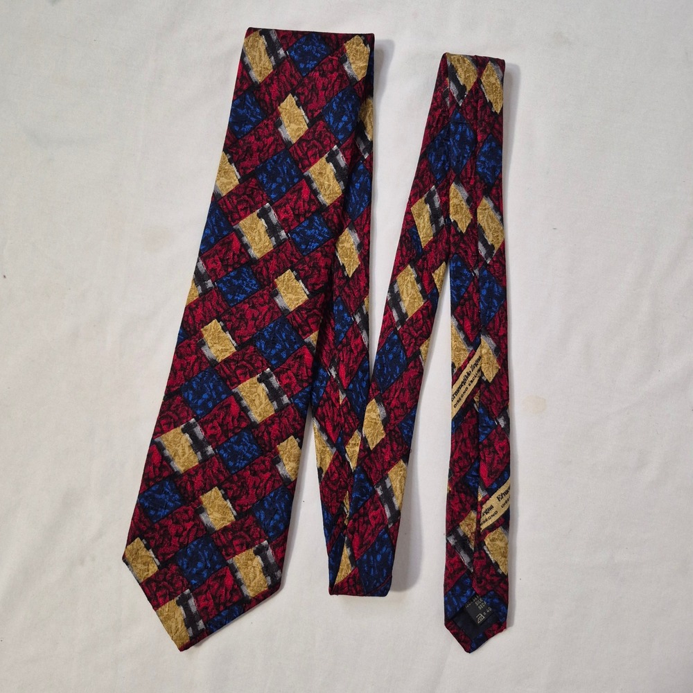 Ermenegildo Zegna Tie Mens Red Blue Geometric Abstract Silk Necktie Italy Office - Picture 2 of 9